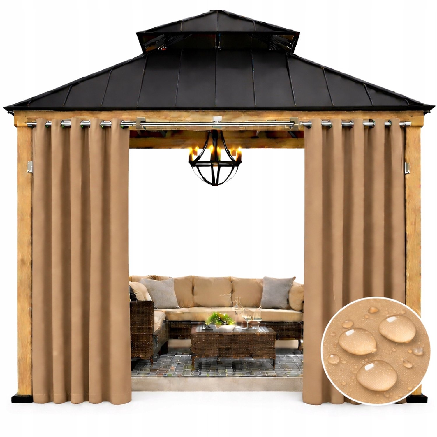 NOW-ART Waterdichte Tuindoek Gordijn 155x200cm Beige met Ringen voor Overkapping