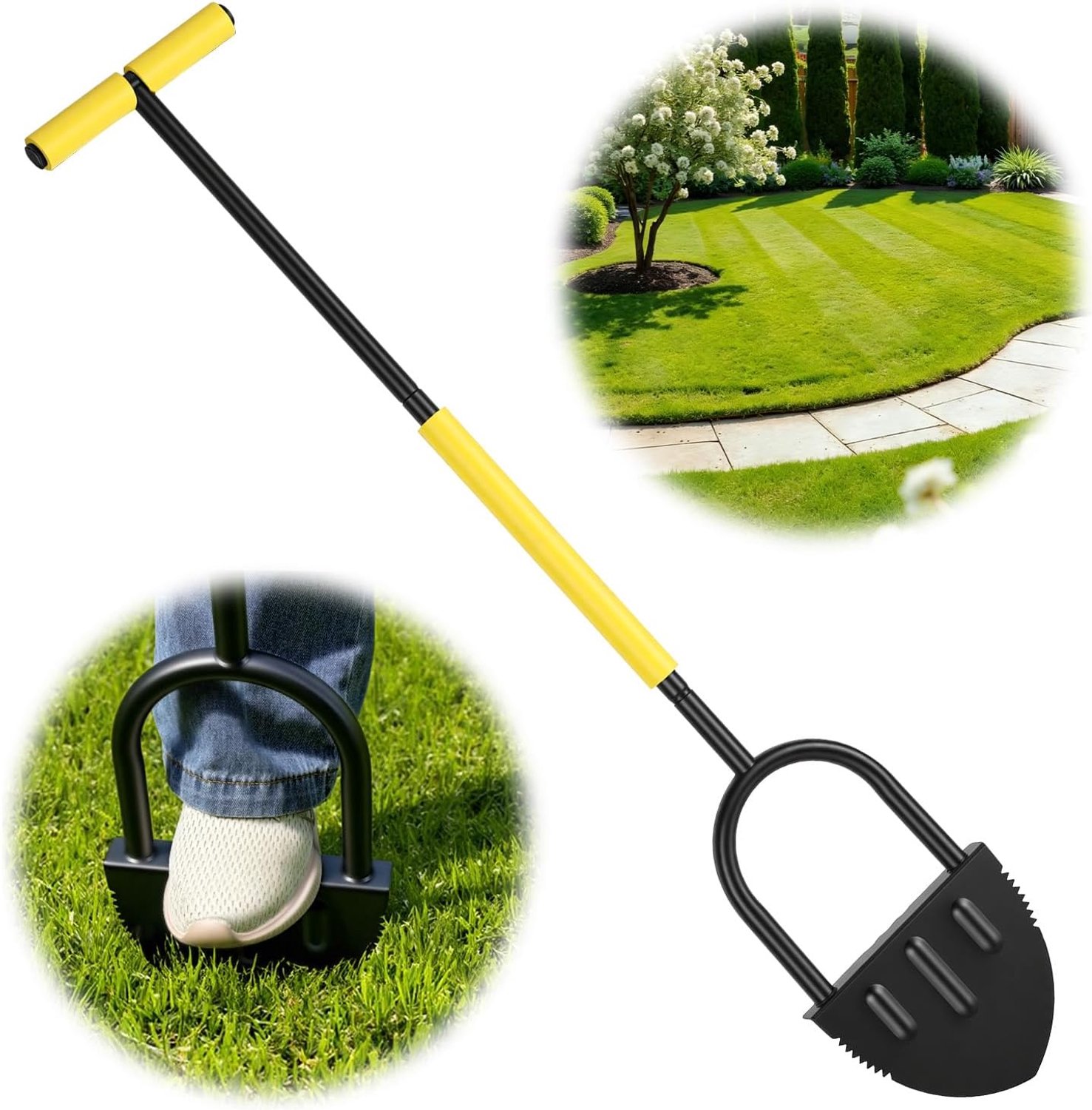 Graskantensnijder, 105 cm, handmatige graskantensnijder met T-handgreep, zaagtandlemmet, breed voetplatform, randmes voor tuin, gazon, paden en perken, zwart