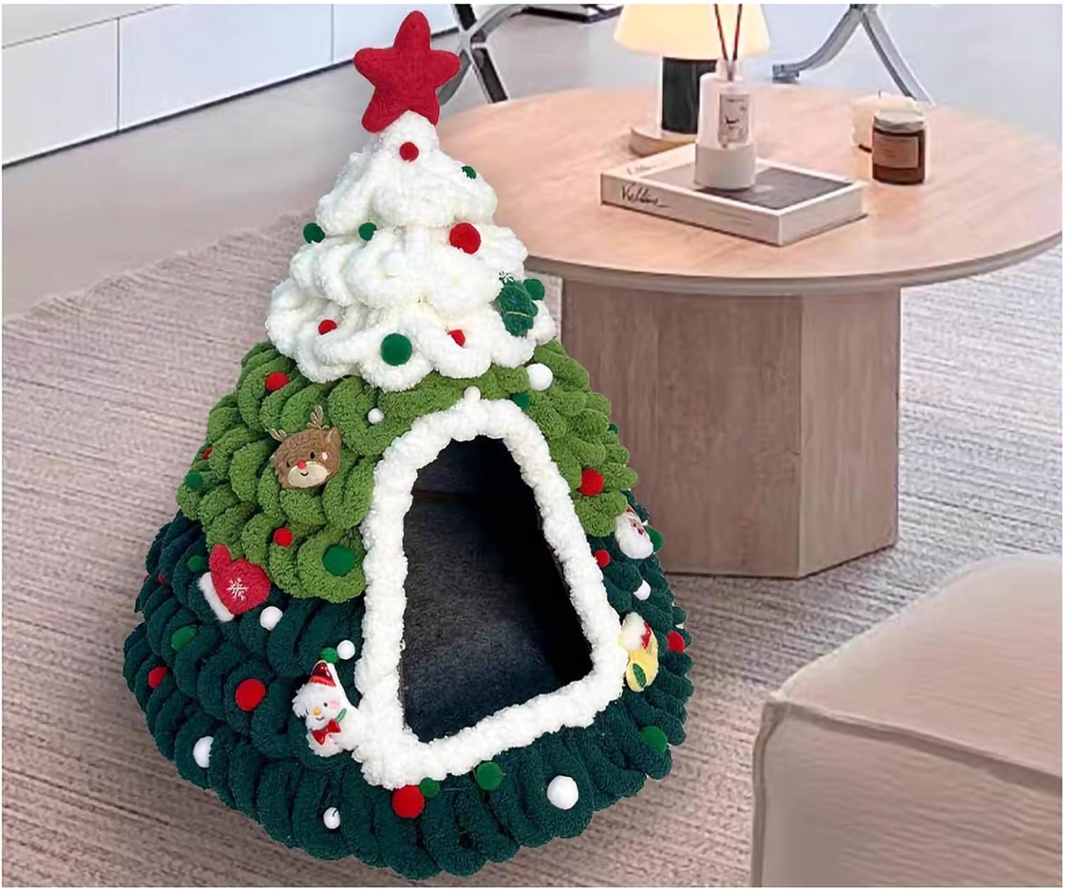 Handgemaakte vilten kerstboom kattenhuis, schattige kerst kat bed huisdier grot kat nest kitten hut schuilplaats warme kat appartement tenten in de winter - groen+wit