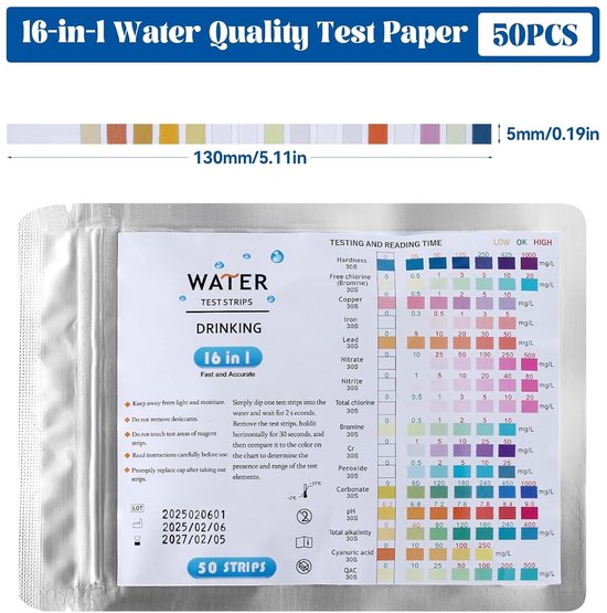 Complete Waterkwaliteit Teststrips - 16 in 1 Set voor Hardheid, Lood, Ijzer en Koper - 50 Stuks voor Eenvoudige Controle van Drinkwaterkwaliteit — afbeelding 5