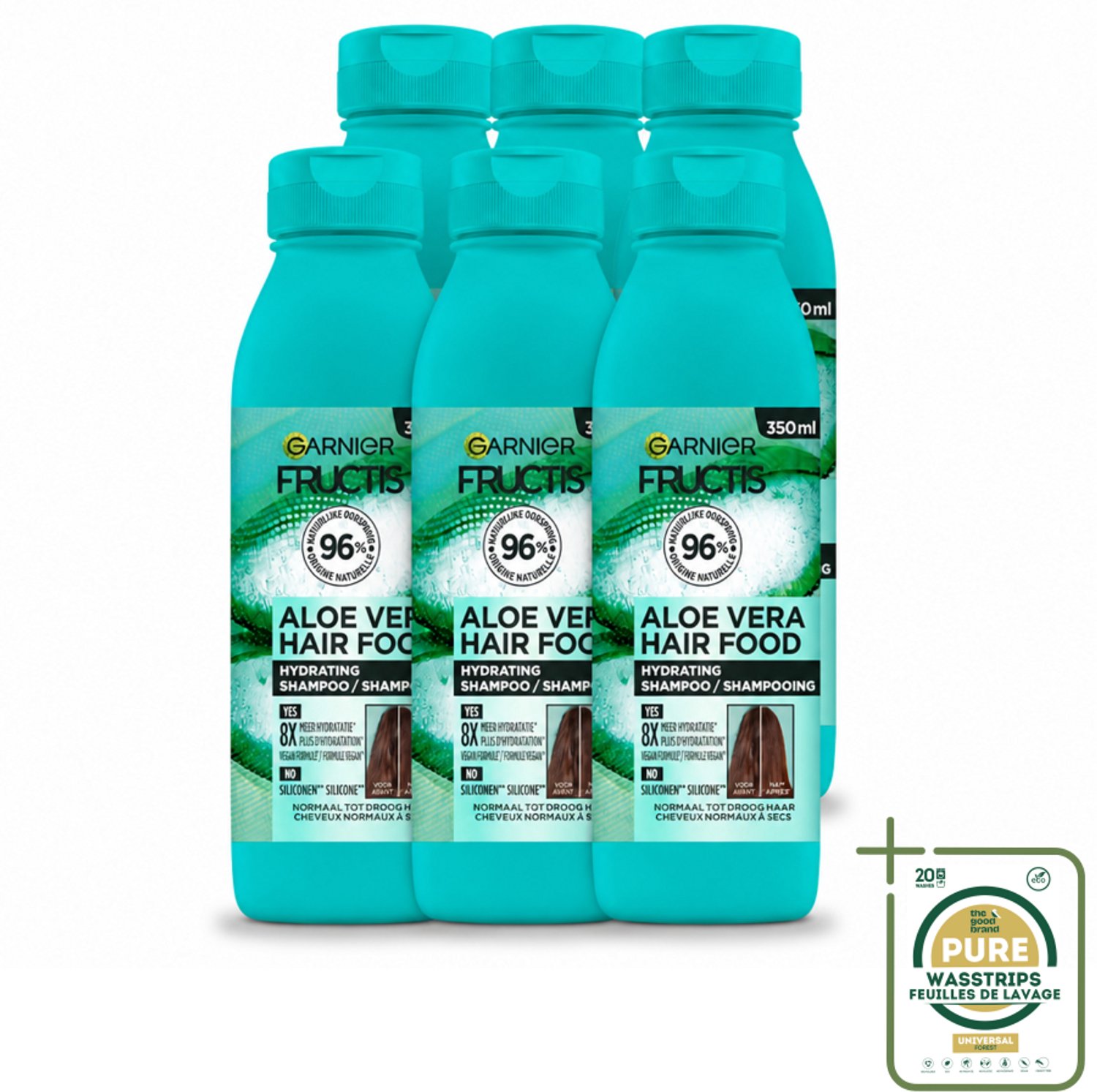6 x Garnier - Fructis Hair Food Aloe Vera - Shampoo - Normaal tot Droog Haar - 350 ml - Wasstrips - Aloe Vera Shampoo - Hydratiërende Shampoo - Droog Haar Verzorging - Normaal Haar Verzorging - Vegan Shampoo
