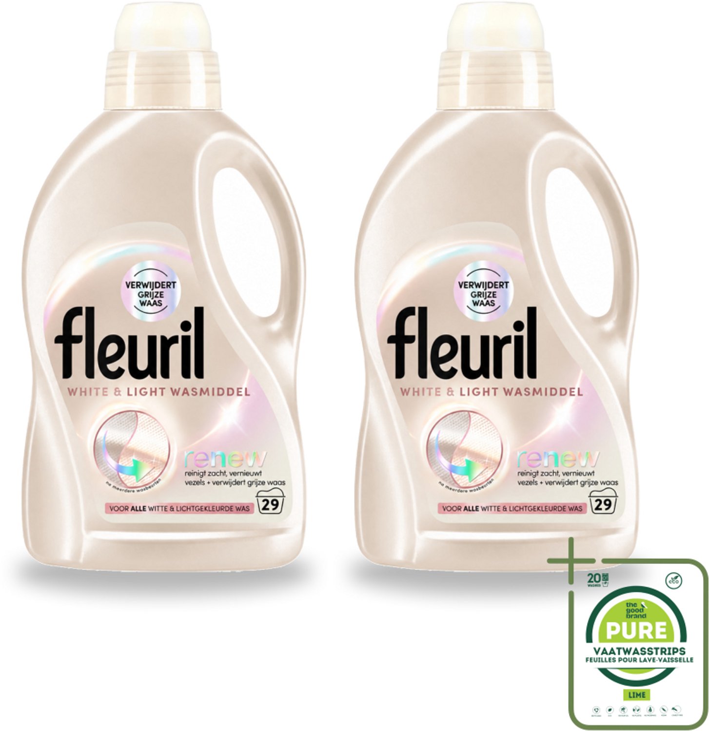 2 x Fleuril - Wasmiddel - White & Light Wasmiddel - Witte & Lichte Was - 29 wasbeurten - Grootverpakking - Vaatwasstrips - Wit Wasmiddel - Licht Wasmiddel - Vloeibaar Wasmiddel - Wasbeurten - Helderheid Behouden