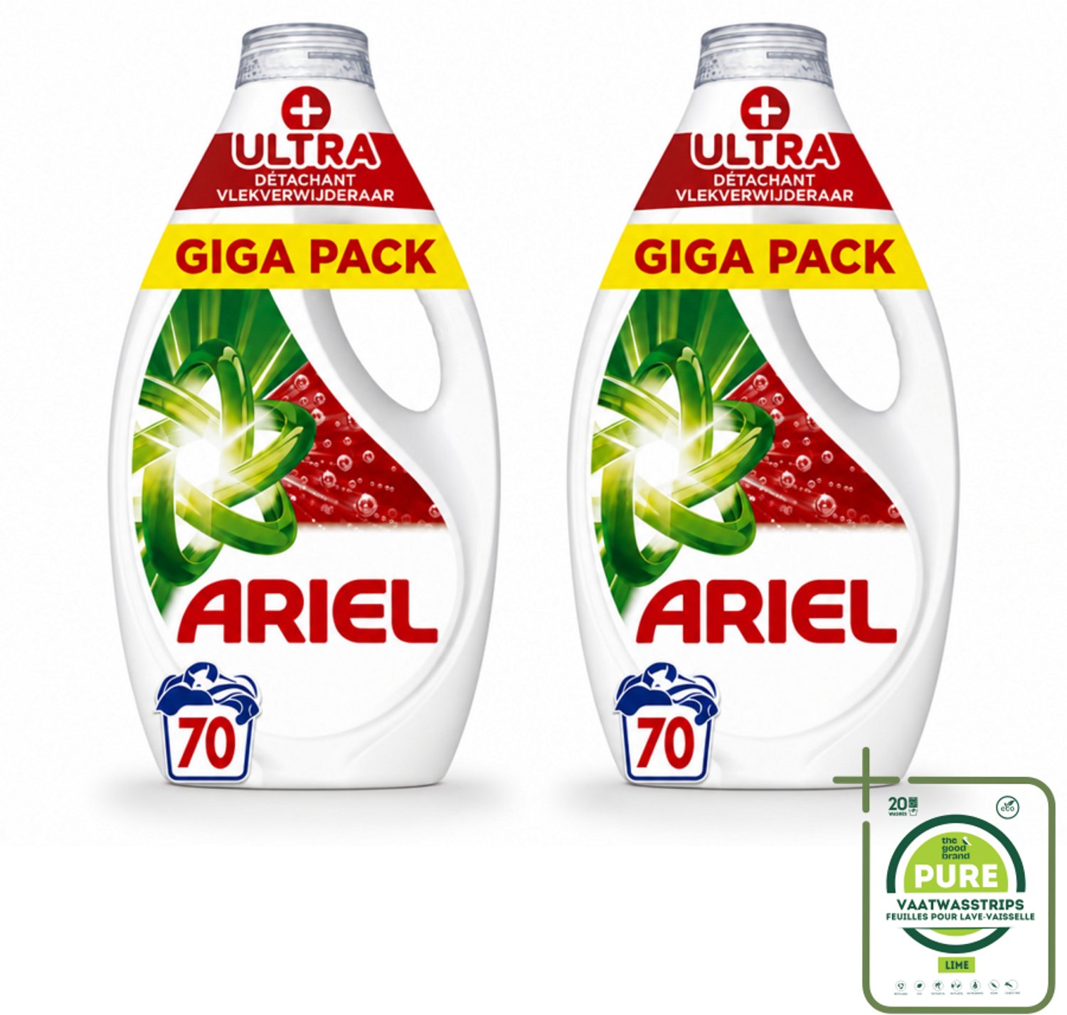 2 x Ariel - Vloeibaar Wasmiddel - +Ultra Vlekverwijderaar - 70 Wasbeurten - 3150 ml - Grootverpakking - Vaatwasstrips - Vlekverwijderaar - Wasmiddel - Vlekken - Wasprogramma - Koude Was