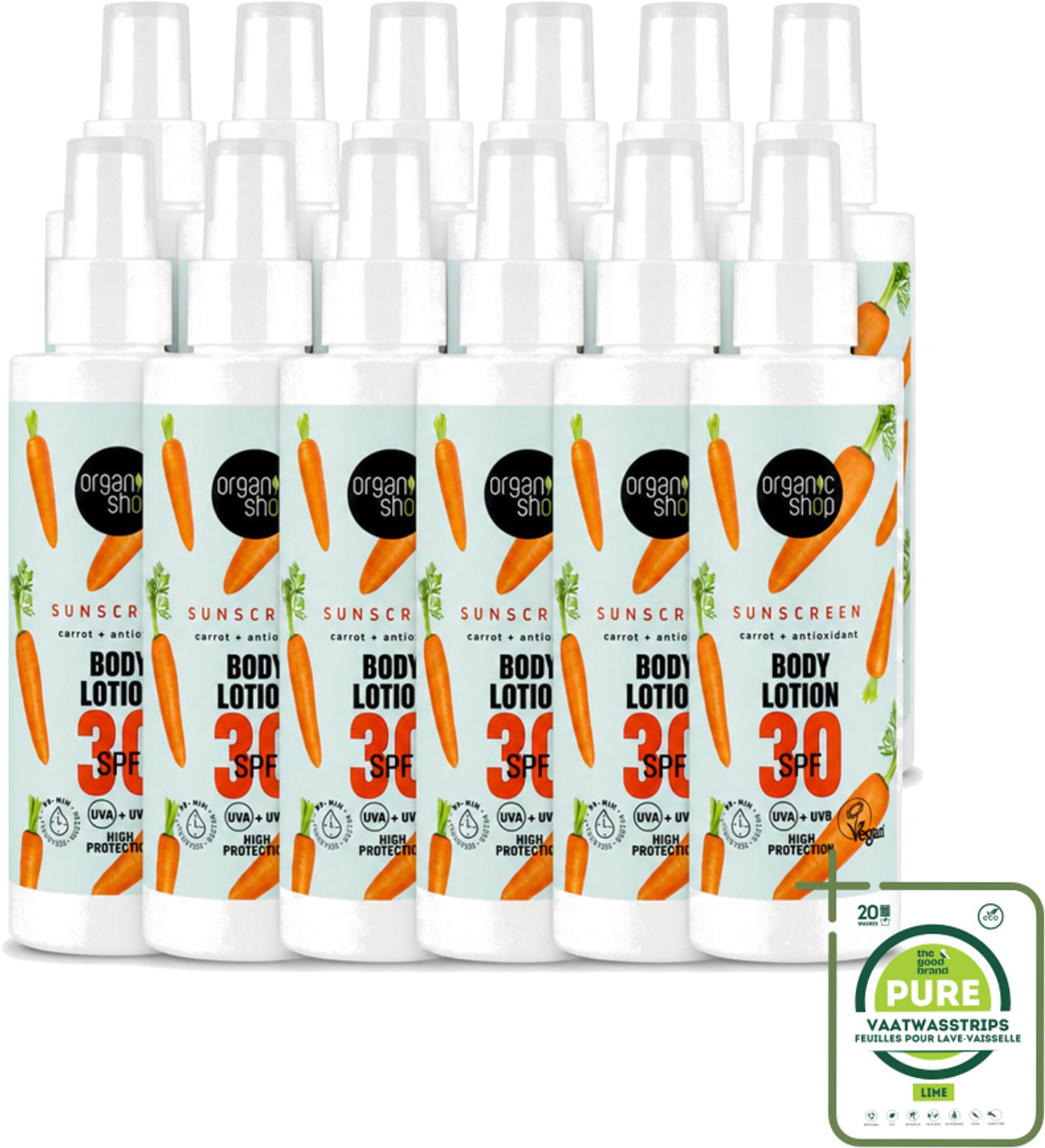 12 x Organic Shop - Zonnebrandcrème SPF 30 - Bescherming tegen de Zon - 150 ml - Grootverpakking - Vaatwasstrips - Zonbescherming - Zonnebrandcrème - SPF 30 - Natuurlijke Zonbescherming - Antioxidanten