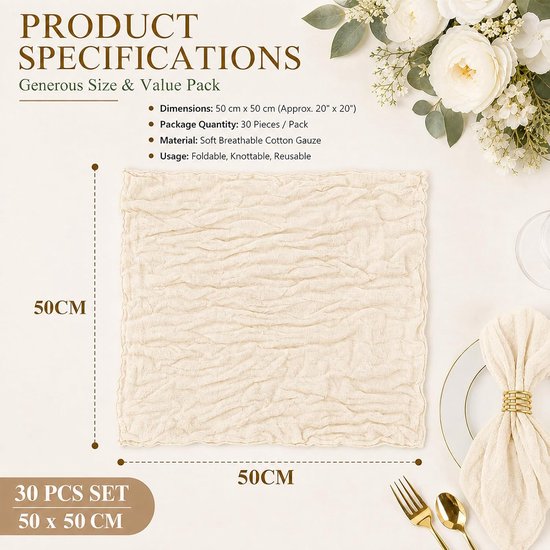 30 stuks chiffon servetten, boho-tafeldecoratie, stoffen servetten, wasbaar — afbeelding 5