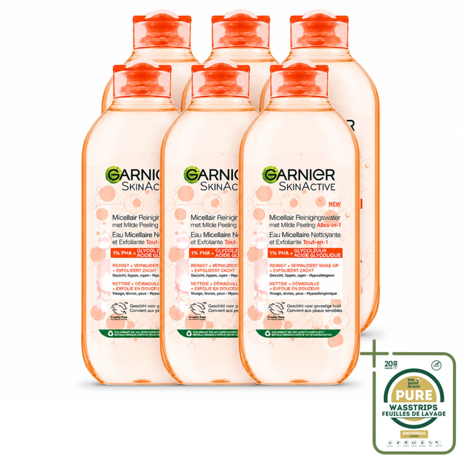 6 x Garnier - SkinActive - Micellair Reinigingswater - Milde Peeling - Alles-in-1 - 400 ml - Wasstrips - Micellair Reinigingswater - Huid Reinigen - Milde Peeling - Exfoliatie - Gezichtsreiniger