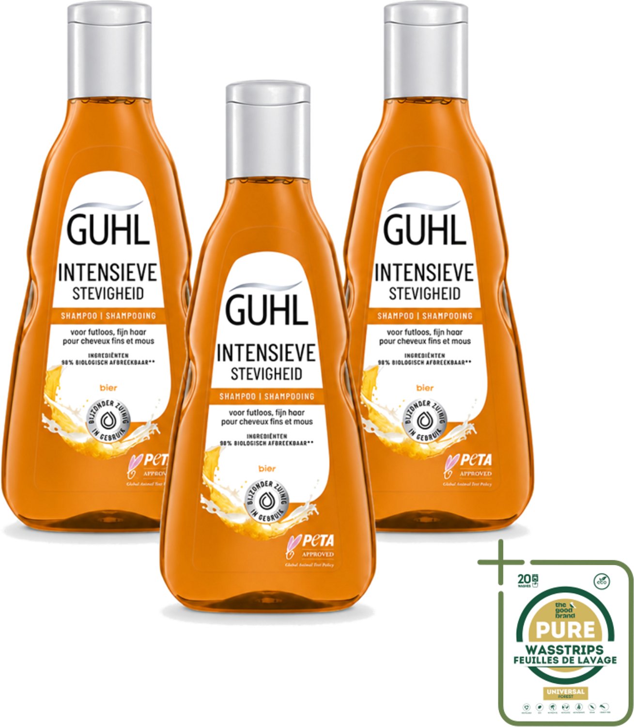 3 x Guhl - Shampoo - Intensieve Stevigheid - 250 ml - Wasstrips - Haarversterking - Intensieve Stevigheid - Bierextract Shampoo - Volume Haar - Krachtig Haar