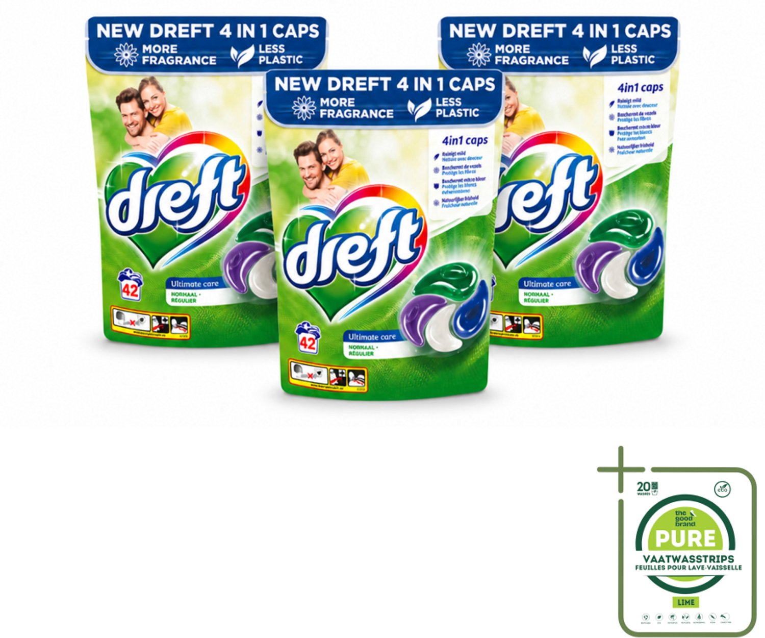 3 x Dreft - Wasmiddelcapsules - Ultimate Care - Zachte verzorging - 42 Wasbeurten - Grootverpakking - Vaatwasstrips - Wasmiddel - Wascapsule - Waskracht - Textielbescherming - Kleurbehoud