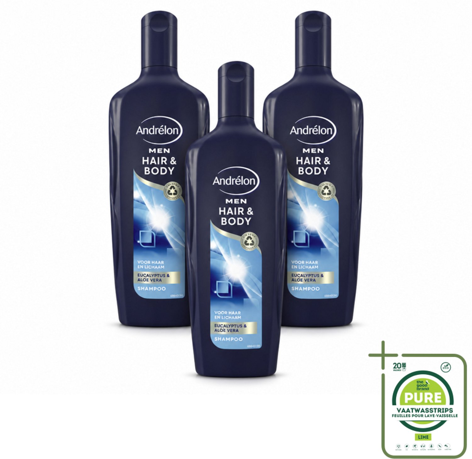 3 x Andrélon - Men - Hair & Body - Shampoo - 300 ml - Grootverpakking - Vaatwasstrips - Haar En Lichaam Verzorgen - Mannelijke Haar En Lichaam Verzorging - Eucalyptus En Aloë Vera - 2-in-1 Shampoo En Bodywash - Hydraatende Shampoo