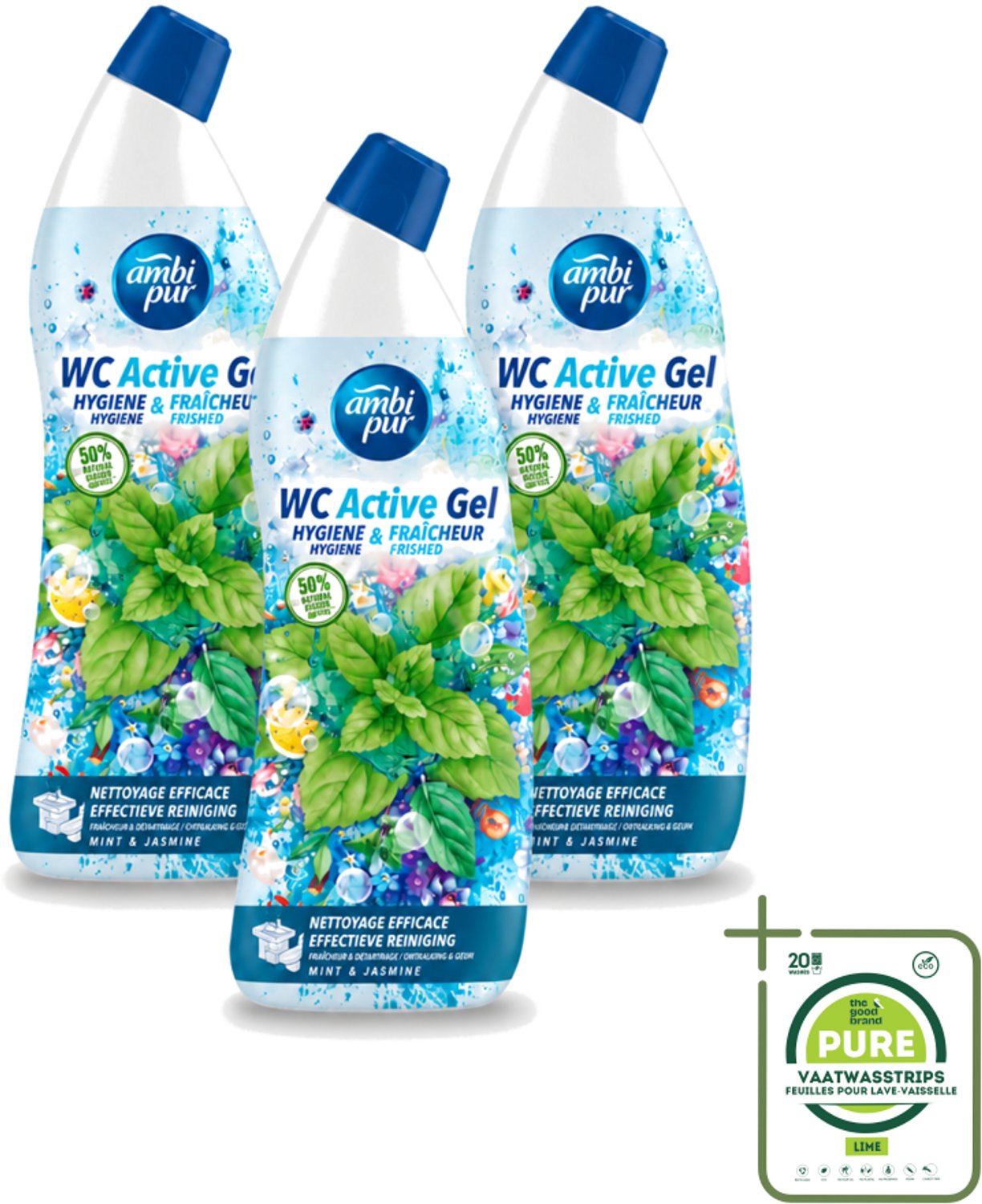 3 x Ambi Pur - Toiletreiniger - WC Active Gel - Mint & Jasmijn - 750 ml - Grootverpakking - Vaatwasstrips - Toiletreiniger - Wc Reinigen - Anti-kalk - Wc Gel - Munt En Jasmijn