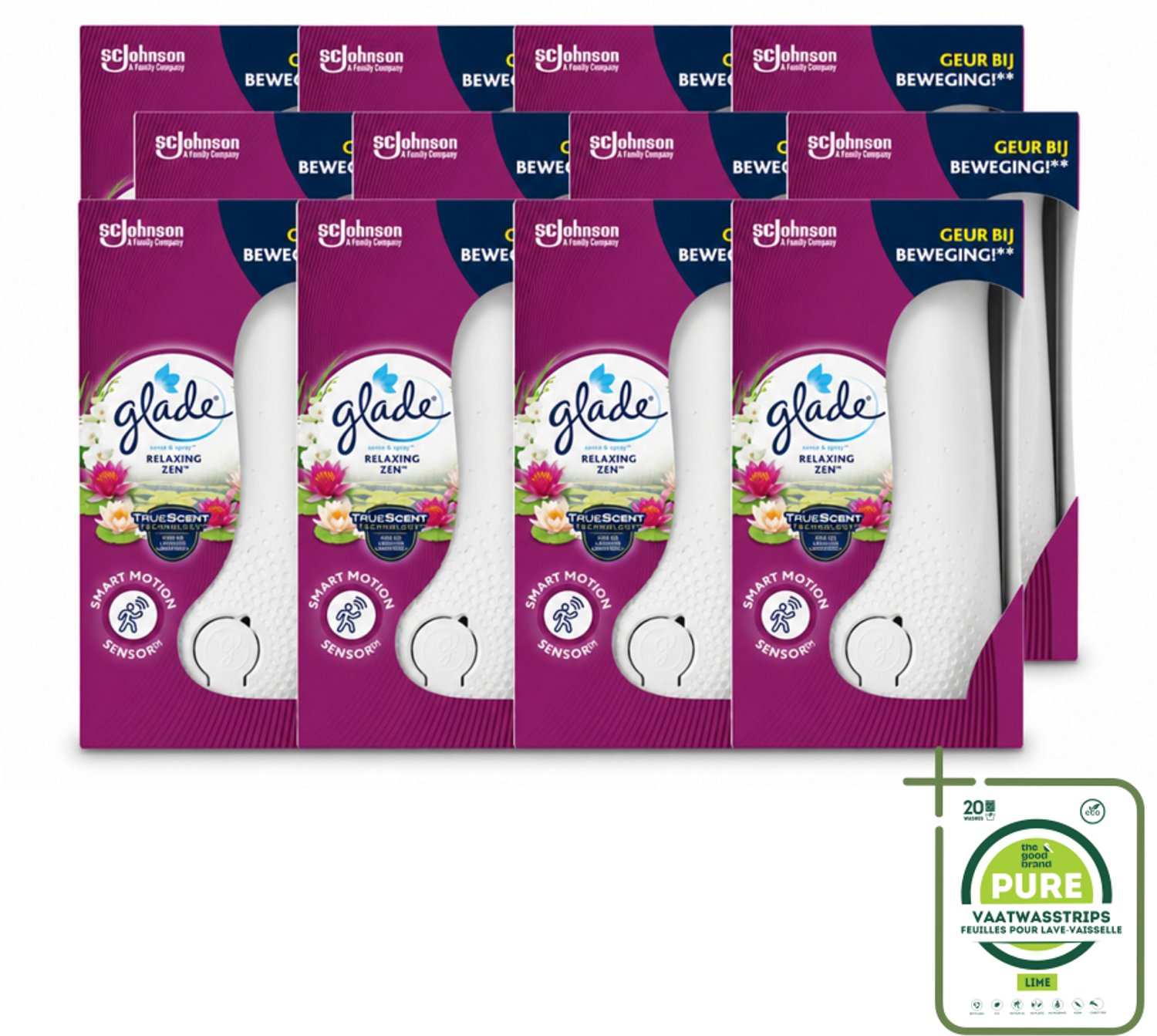 12 x Glade - Houder Sense & Spray - Relaxing Zen - 18 ml - Grootverpakking - Vaatwasstrips - Geurverspreiding - Automatische Geur - Rustgevende Geur - Luchtverfrisser - Bewegingssensor