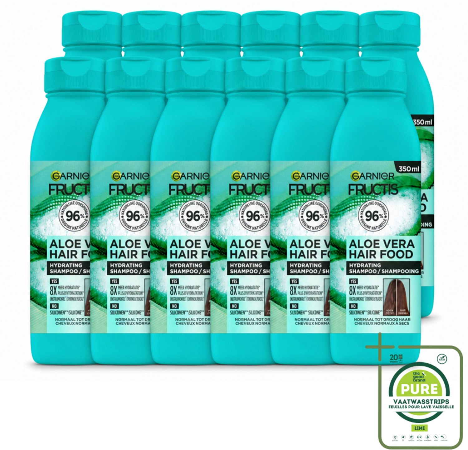 12 x Garnier - Fructis Hair Food Aloe Vera - Shampoo - Normaal tot Droog Haar - 350 ml - Grootverpakking - Vaatwasstrips - Aloe Vera Shampoo - Hydratatie Haar - Normaal Haar - Droog Haar - Vegan Shampoo