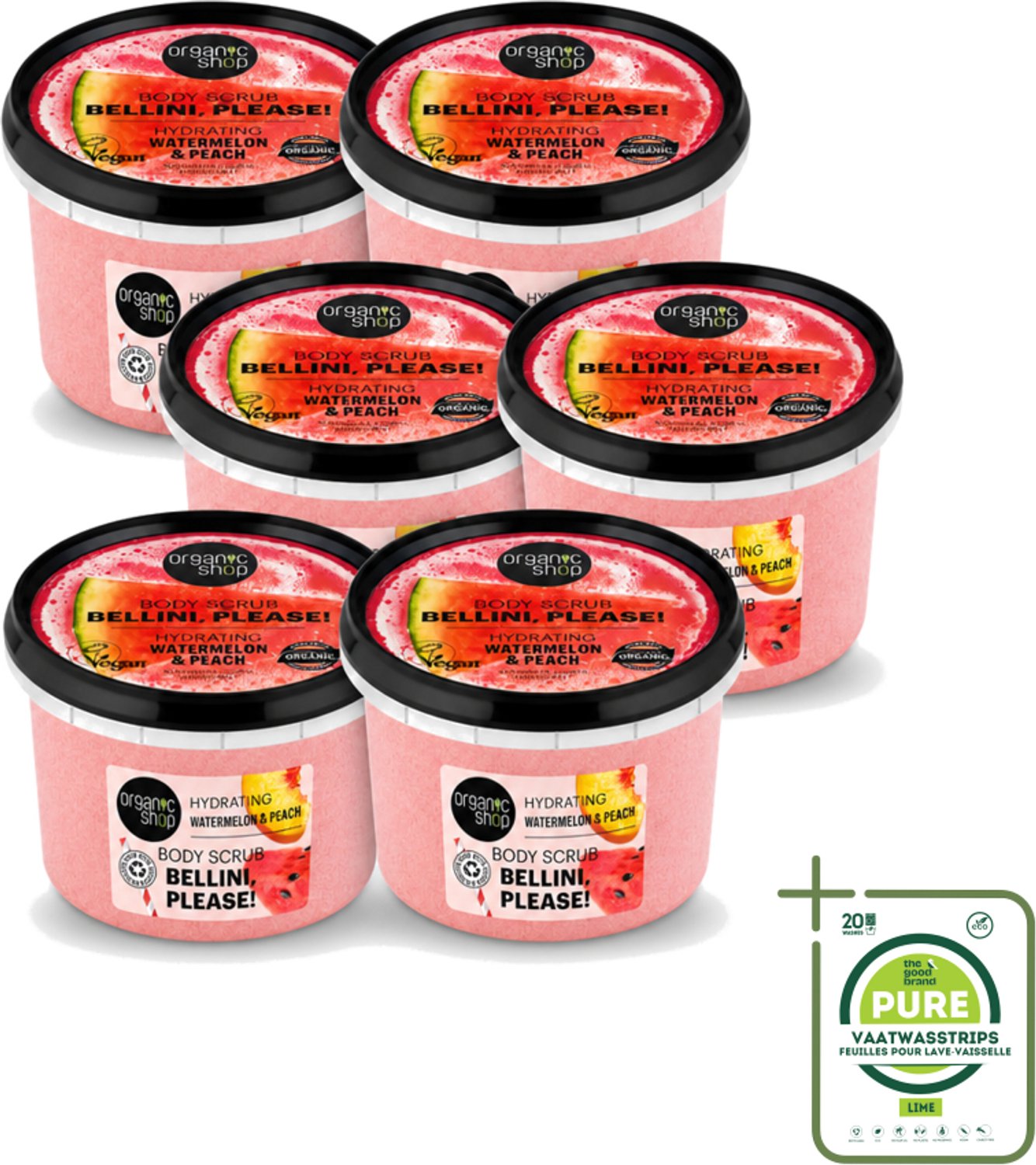 6 x Organic Shop - Body Scrub Watermelon & Peach - Hydratatie en Frisheid - 250 ml - Grootverpakking - Vaatwasstrips - Bodyscrub - Hydraterende Scrub - Exfoliatie - Zachte Exfoliatie - Watermeloen Scrub