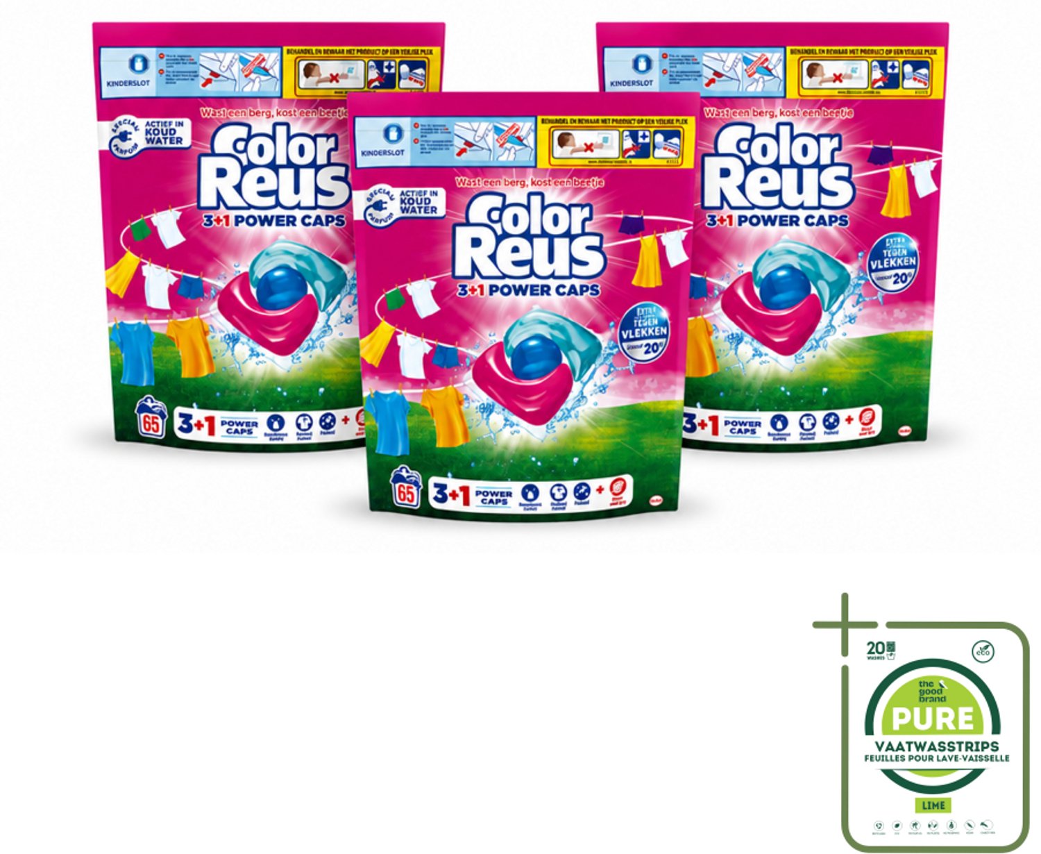 3 x Color Reus - 3+1 Power Caps - Gekleurde Was - 65 Wasbeurten - Grootverpakking - Vaatwasstrips - Kleurbehoud - Wasresultaten - Vlekverwijdering - Krachtige Was - Frisse Was
