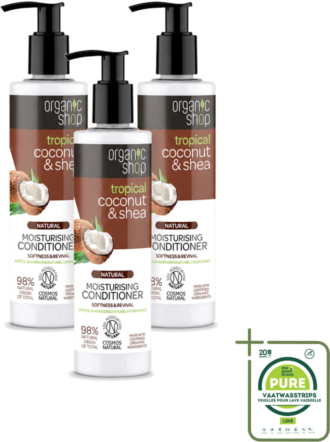 3 x Organic Shop - Coconut & Shea Conditioner - Verzorgend en Voedend - 280 ml - Grootverpakking - Vaatwasstrips - Haarverzorging - Natuurlijke Conditioner - Kokosolie - Shea - Hydratatie