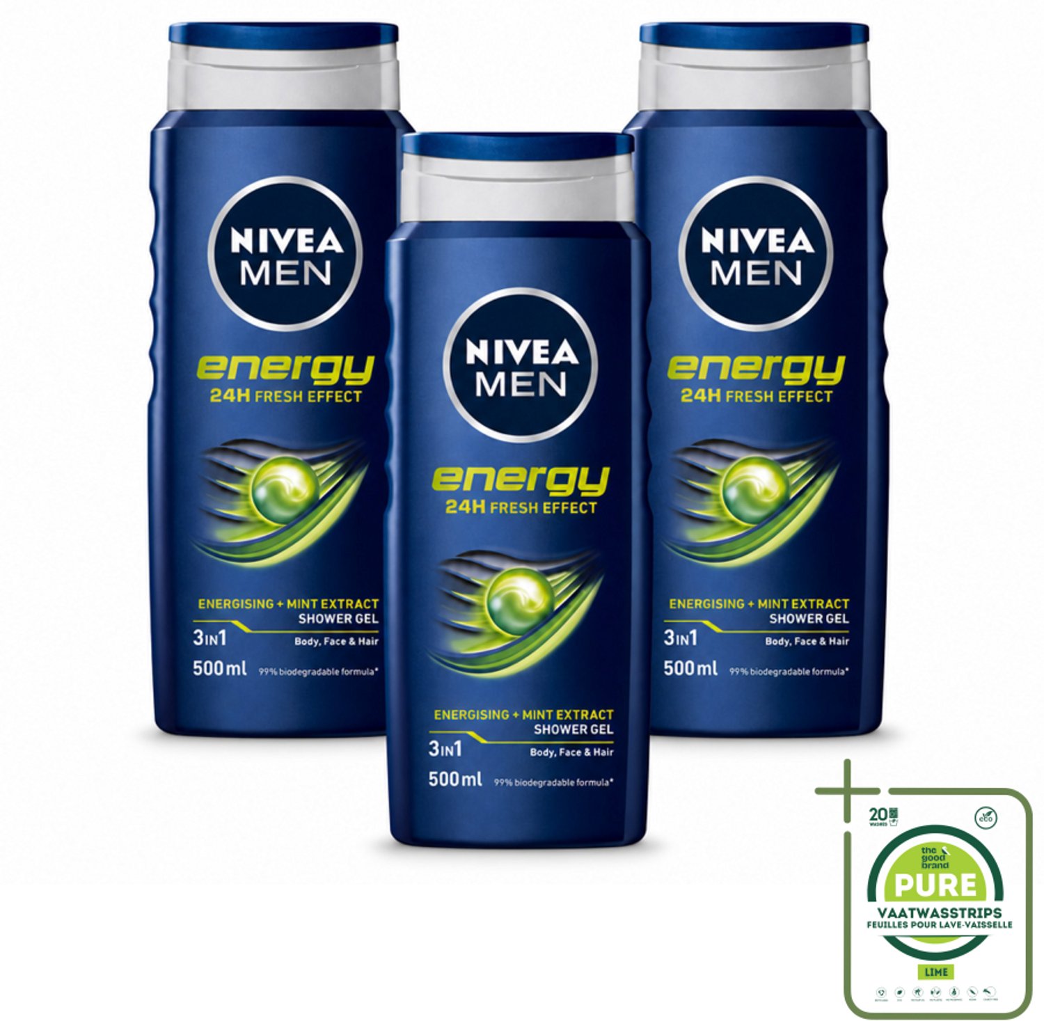 3 x NIVEA MEN - Douchegel - Energy - 500 ml - Grootverpakking - Vaatwasstrips - Douchegel - Energie - Mintextract - Frisheid - Lichaam