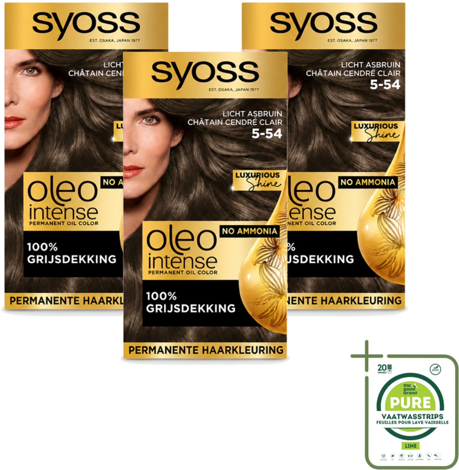 3 x SYOSS - Oleo Intense 5-54 Licht As Bruin - Haarverf - Zonder Ammoniak - Grijsdekking - Langdurige Kleur - Grootverpakking - Vaatwasstrips - Haarkleur - Haarkleuring - Olieformule - Grijsdekking - Haarverzorging