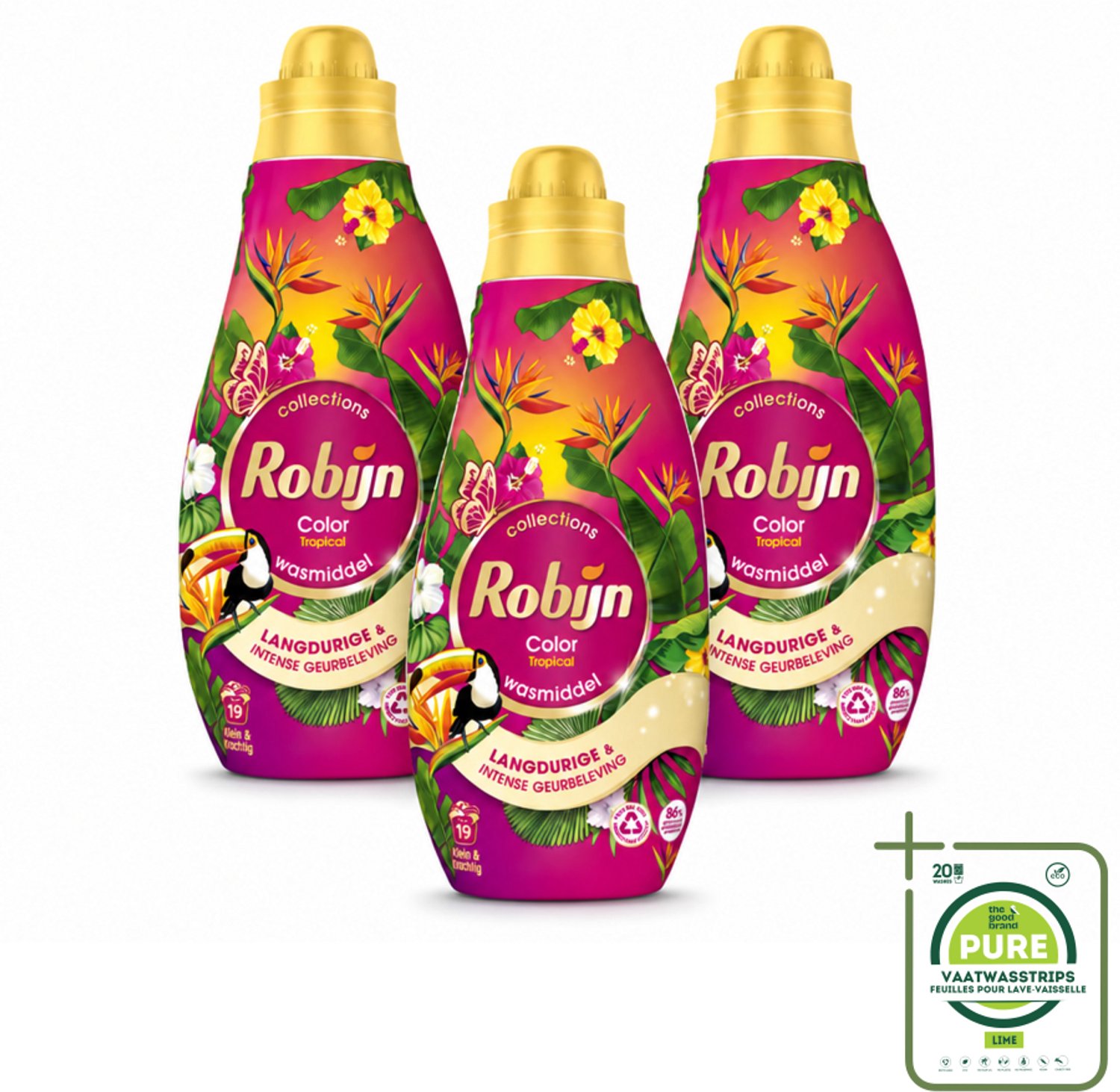 3 x Robijn - Klein & Krachtig Color Tropical - Wasmiddel - 19 Wasbeurten - 665 ml - Grootverpakking - Vaatwasstrips - Kleurbehoud - Wasmiddel - Tropische Geur - Gekleurde Was - Wasmiddel Voor Gekleurd Kleding