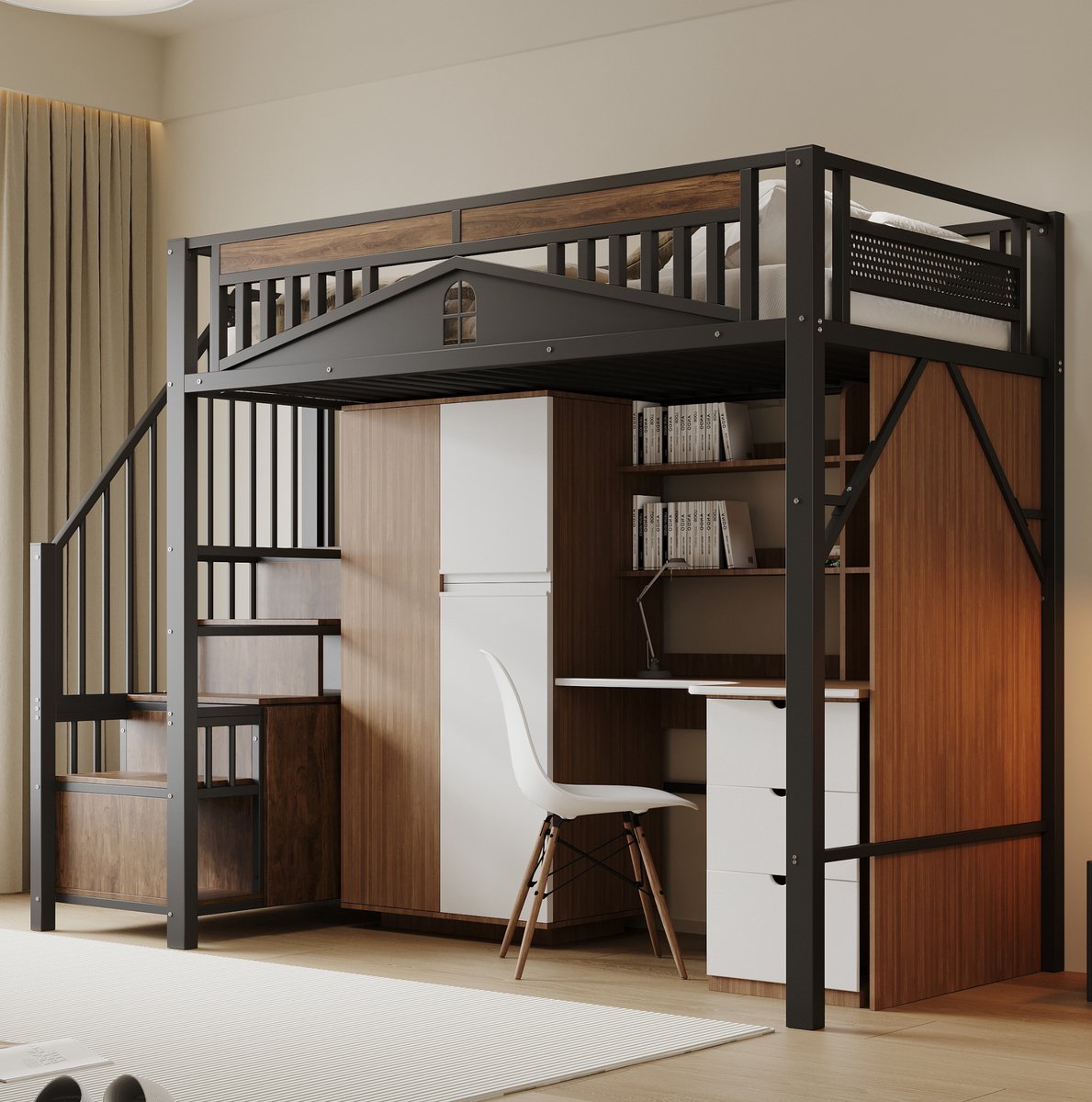 WUVRIE Hoogslaper 90x200 cm met trapopberging, bureau en kast, metalen kinderbed met raamhek, zwart