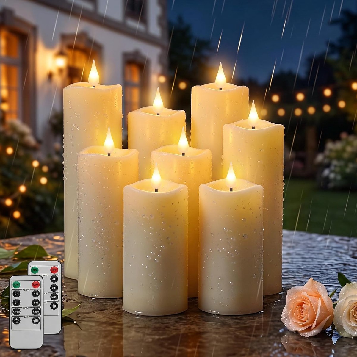 Set van 8 valse led-kaarsen voor buiten, waterdicht, ivoorkleurig