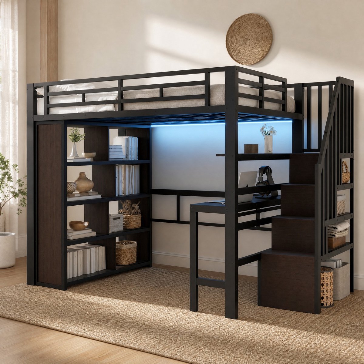 WUVRIE Hoogslaper 140 x 200 cm met bureau, opbergrekken, opbergtrap en appgestuurde LED-verlichting, zwart