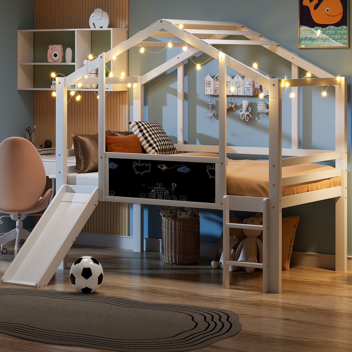 WUVRIE Hoogslaper 90x200 cm met huisframe, glijbaan, ladder, krijtbord en uitvalbeveiliging, wit