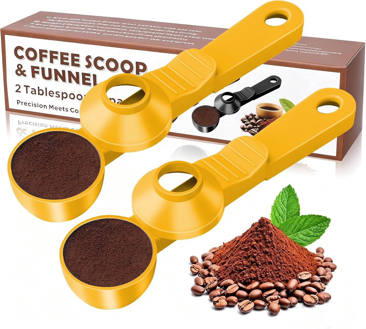 2-in-1 koffieschep met trechter, 2 theelepels maatlepel voor herbruikbare K-kopjes, gemalen koffie, eiwitpoeder en thee, rommelvrij plastic ontwerp (geel, 2 stuks)