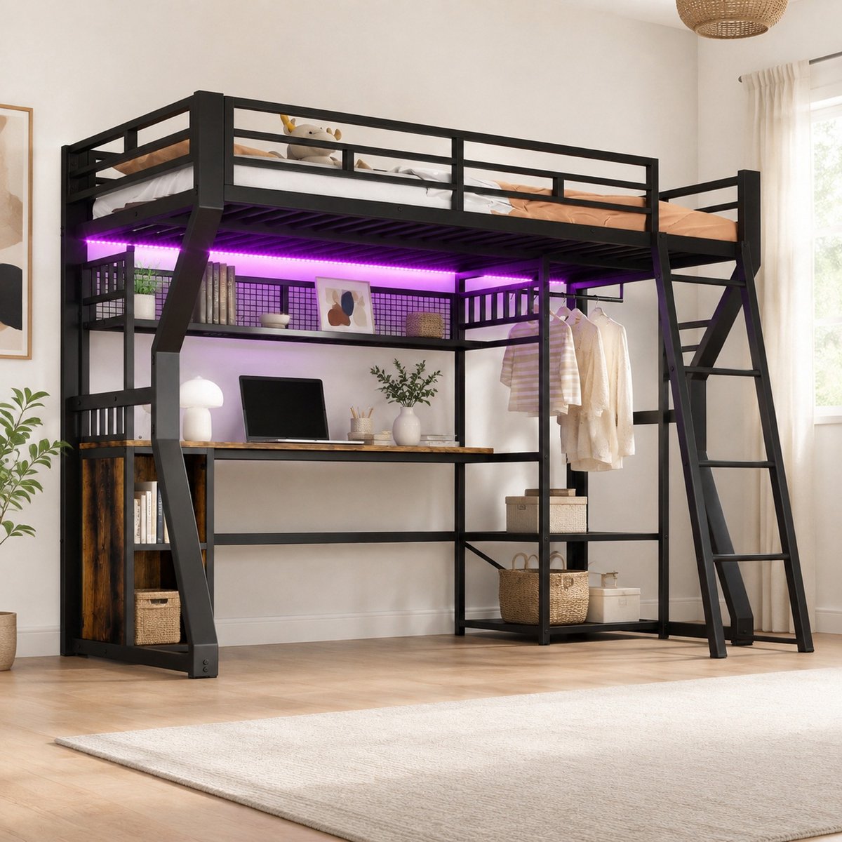 WUVRIE Hoogslaper 90 x 200 cm met bureau, opbergvakken, lichtstrip, stopcontact en kledingrek, zwart