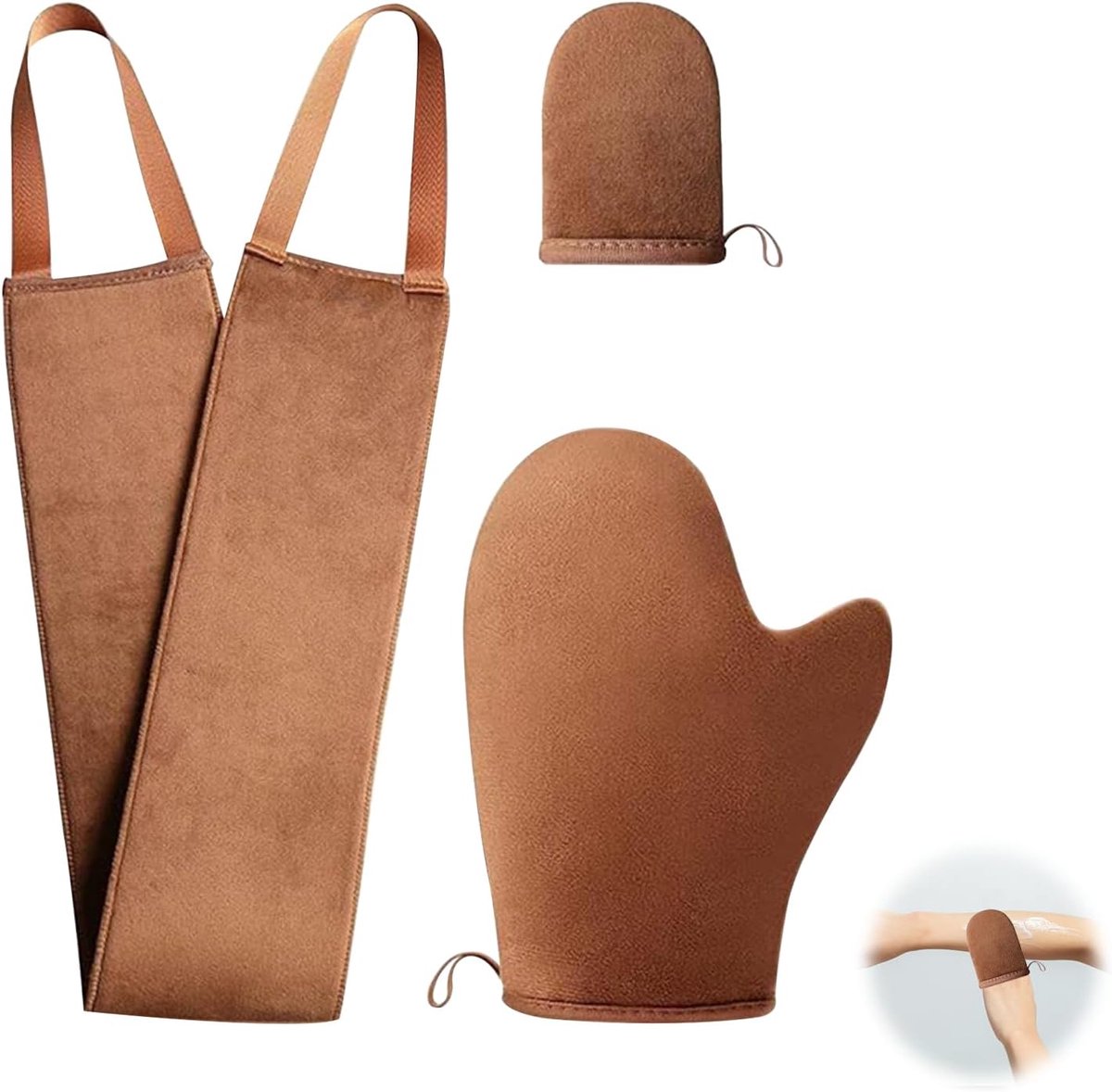 3 stuks zelfbruinende handschoenenset, zelfbruiner rug, applicator gezichts-applicator voor solarium, crème, bruiningscrème, bruiningsolie, herbruikbaar, zelfbruinende applicator, wasbaar (bruin)