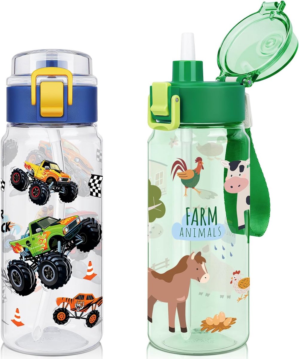 Kids waterfles voor school, 2-pack 550ml lekvrije 2-in-1 peuter waterfles met een pop-up detachbale rietje, vaatwasmachinebestendig (Monster Truck/Farm Animals)