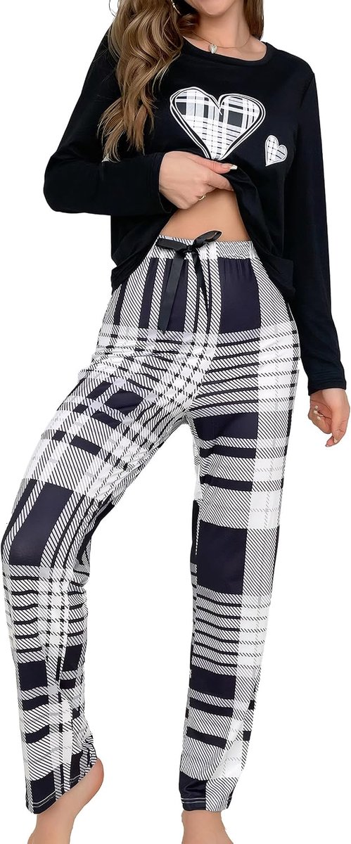 Damespyjama-set met ronde hals en lange mouwen, tops en lange broek, zachte nachtkleding, loungewear, pyjamaset, casual nachtkleding voor dames