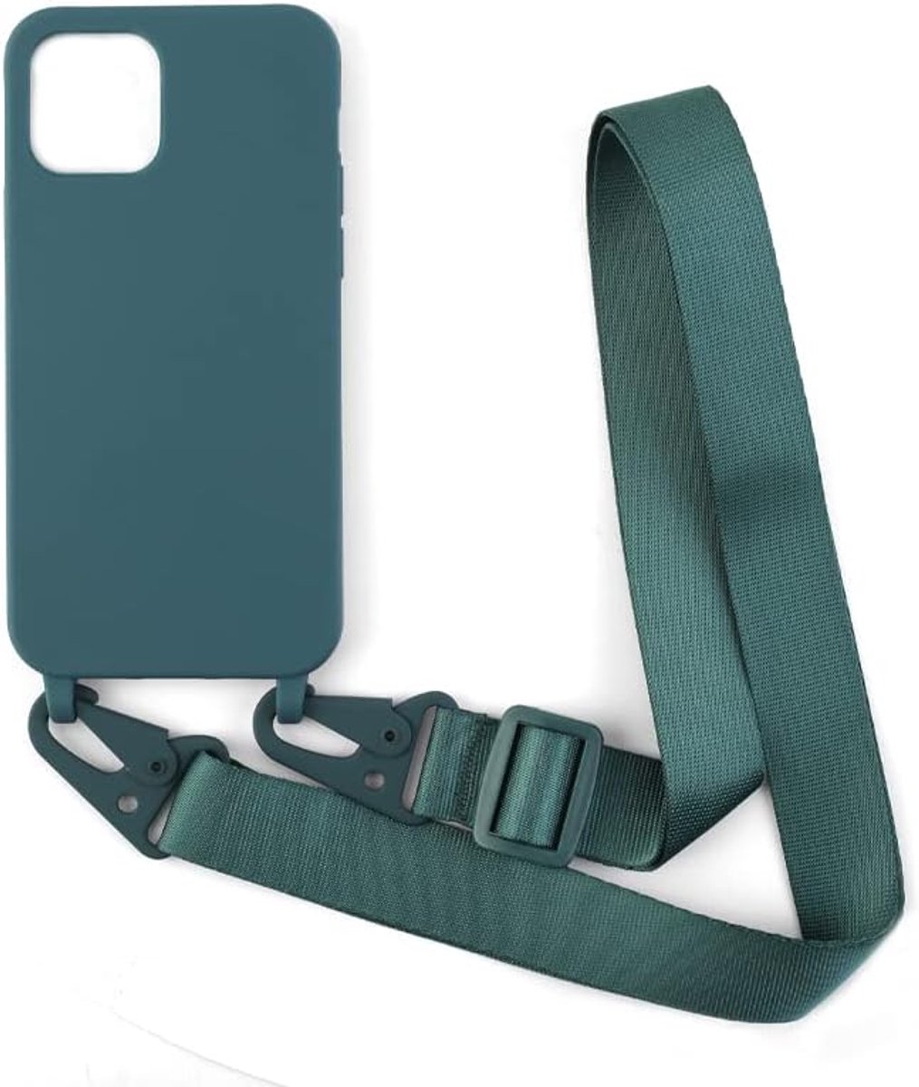 Compatibel voor iPhone 12/12 Pro,Crossbody Hoesje Verstelbare touw Cover,Siliconen Lanyard Case Cord Strap Schokbestendig shell TPU Bumper-Donkergroen