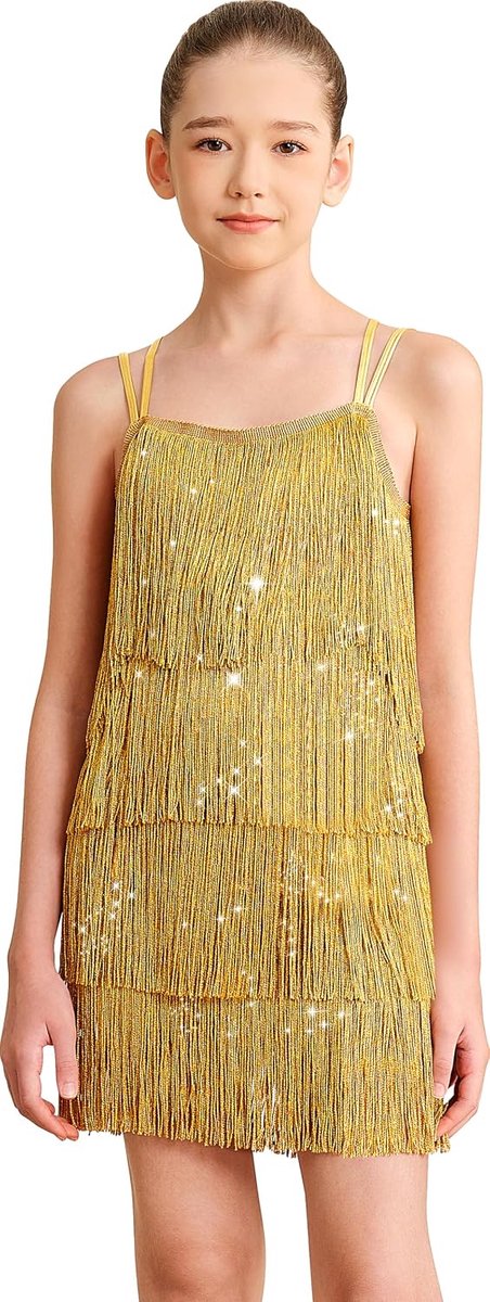 Meisjesjurk met kwastjes, fonkelende vintage dansoutfit voor kinderen, kostuum, Lyrische franjes, dansrok, dubbele gekruiste rug, performance balroom party