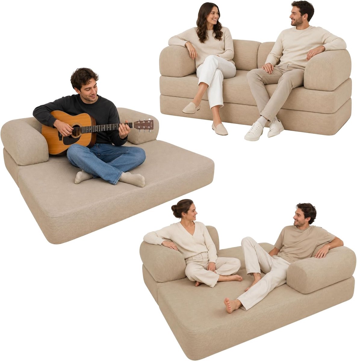 Bananair - 2-zitsbank, gemaakt in Frankrijk, modulaire slaapbank van schuim met hoge dichtheid en corduroy stof - Innovatief boneless bankdesign, gecomprimeerd geleverd (beige)