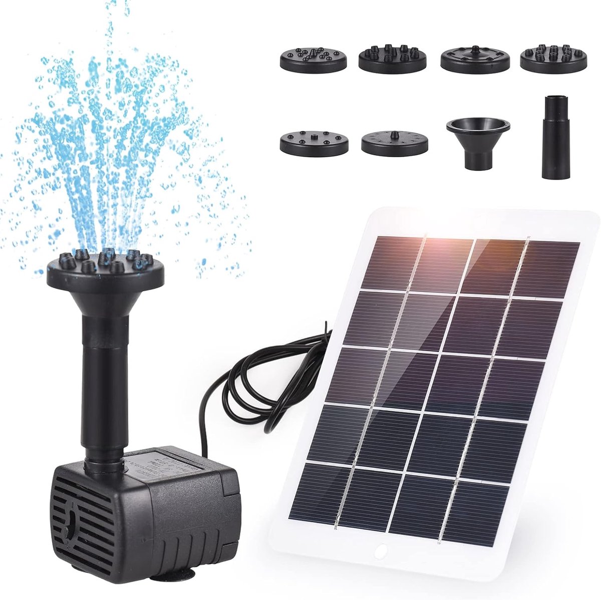 Waterpomp op zonne-energie, met zonnepaneel, 3 W, 5 V, 7 sproeiers, max. waterhoogte 50 cm, voor tuindecoratie, kleine aquariumvijver
