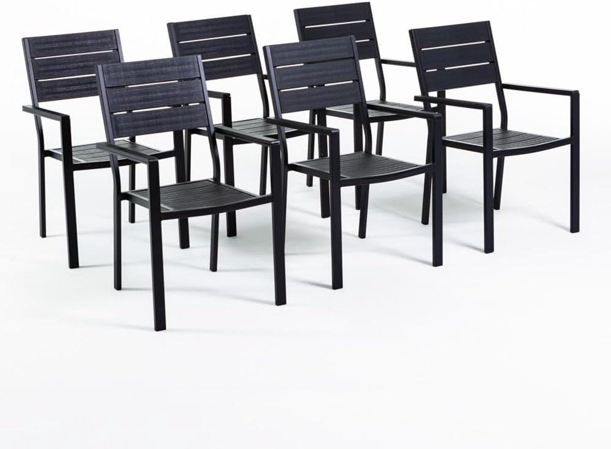 Stapelbare buiten- en tuinstoelen met stalen frame en hoogwaardige polyethyleen plaat in geraffineerd houtdesign, 6 stuks, antraciet