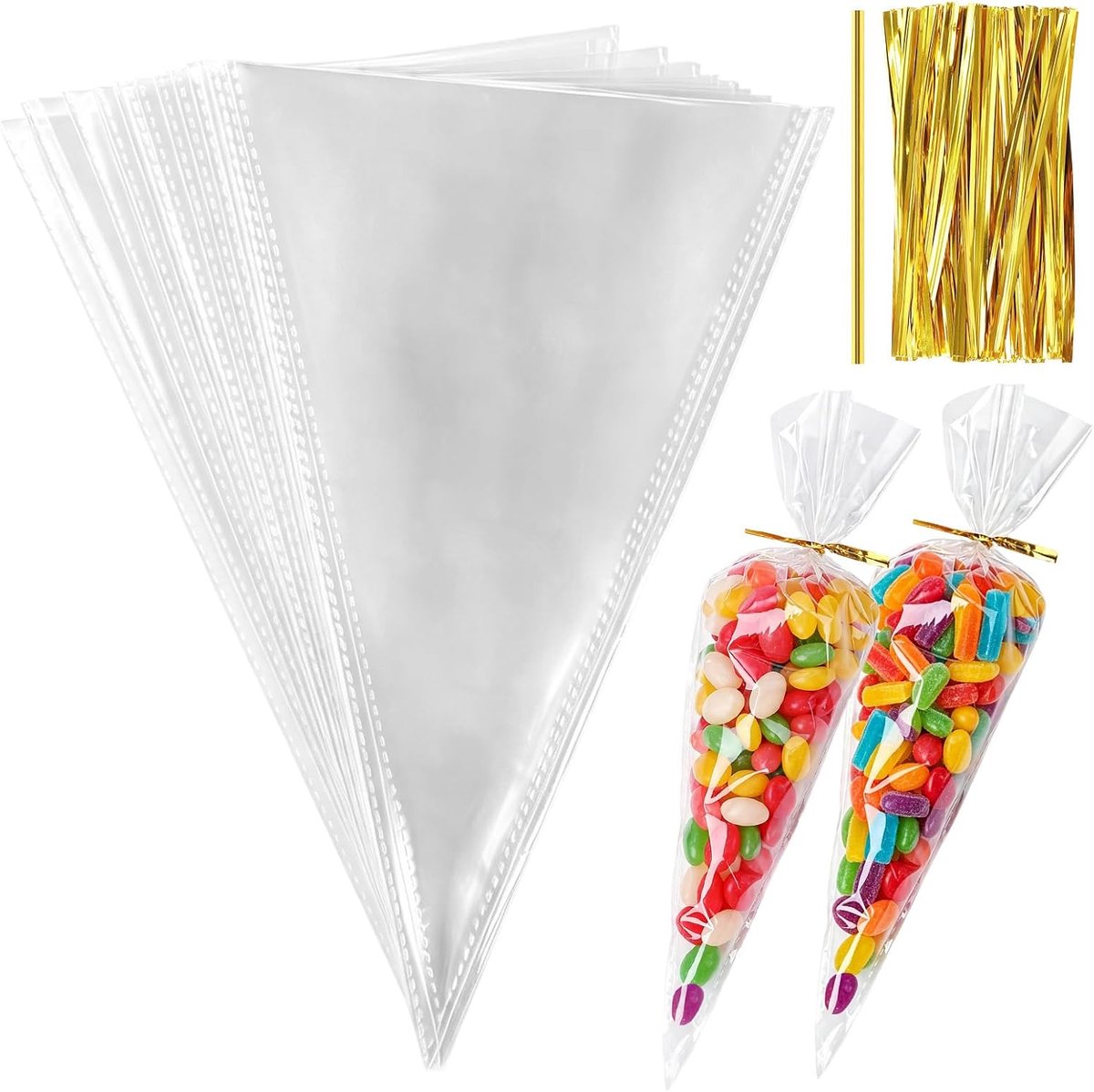 200 stuks snoepzakjes, puntige zakjes, cellofaanzakjes met 200 twist ties