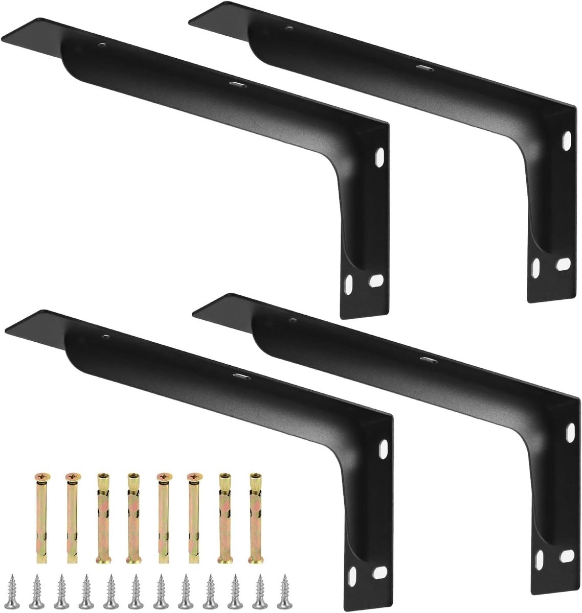 4-delige metalen wandplanksteunen - Hoeksteunen voor planken - Stevige stalen constructie - 290 x 145 mm - Draagvermogen tot 120 kg - Zwart matte afwerking - Ideaal voor opslag en decoratie