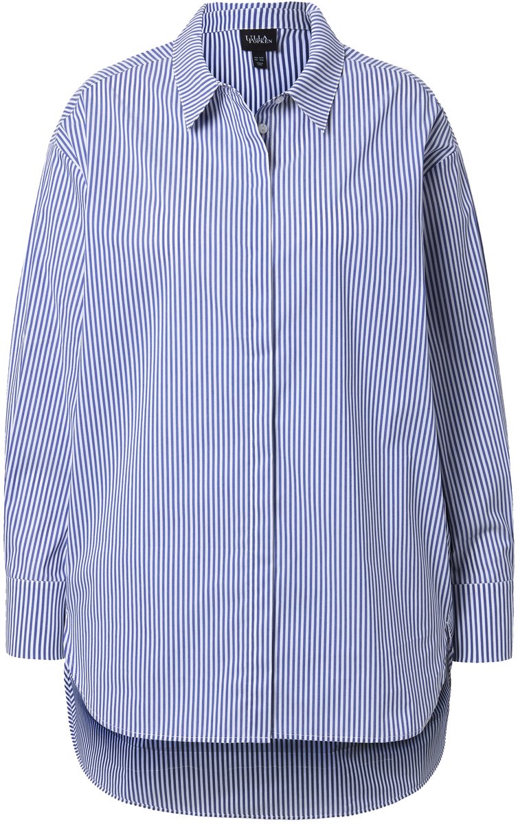 Ulla Popken - Dames - Blouse oversized strepen overhemdkraag lange mouwen - Pauwenblauw - Maat 50+