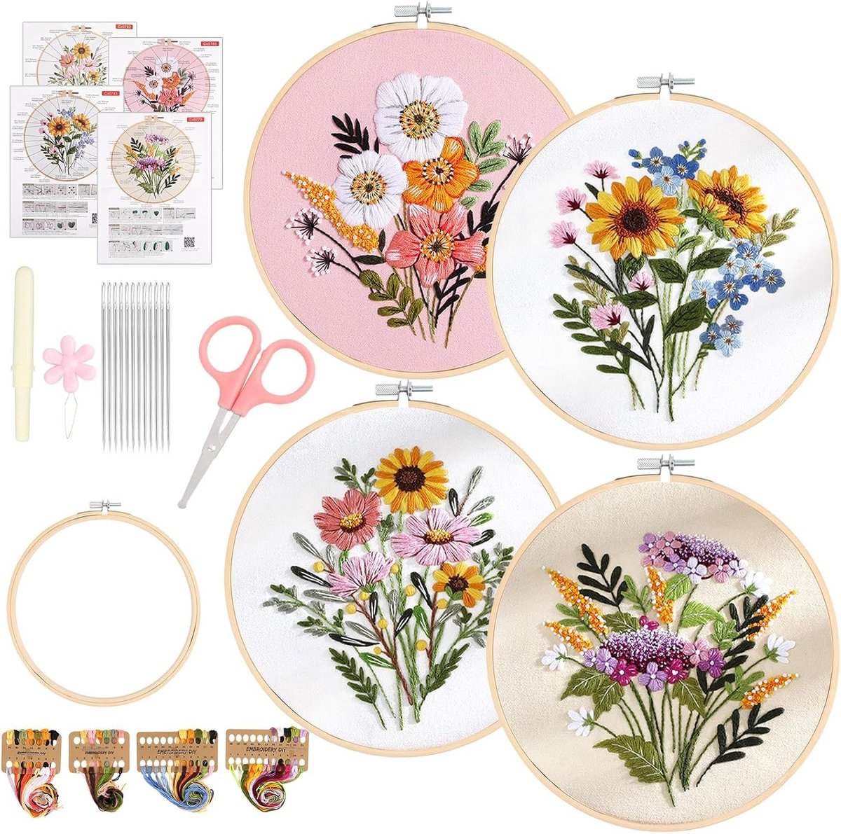 4 set borduurpakketten voor beginners en volwassenen met steekvideo, bloem gestempeld voorgedrukte kruissteek kits, volledige reeks borduurstarterkit met bamboe borduurring, draden, naalden, schaar