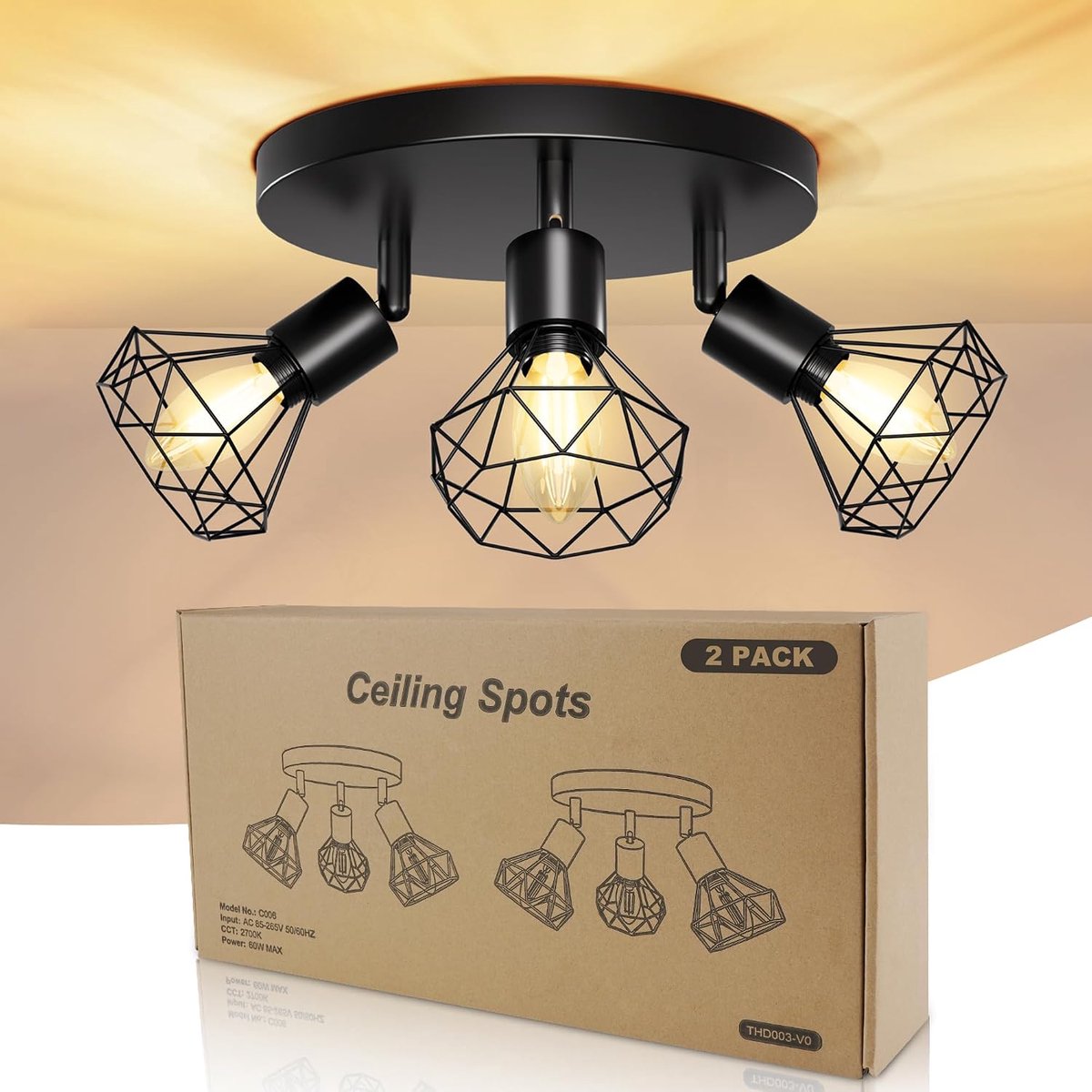 350 graden draaibare led-spots, set van 2, E14-lampen, 3 draaibare spots, zwart, ideaal voor keuken, woonkamer, hal en moderne hangplafonds