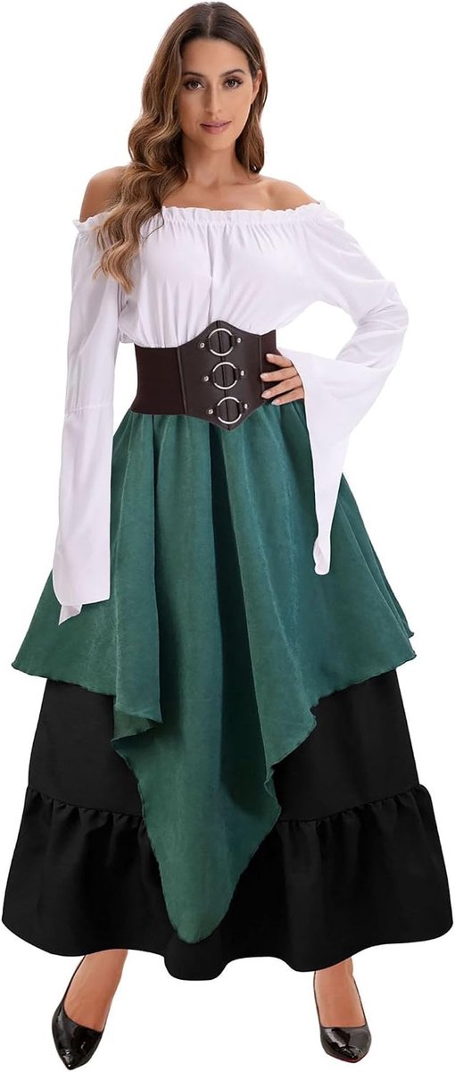 damesblouse, renaissance, tops, schoudervrij, trompetmouwen, Victoriaanse ruches, lange mouwen, middeleeuwse blouse met korset, taille, riem, piratenkostuum