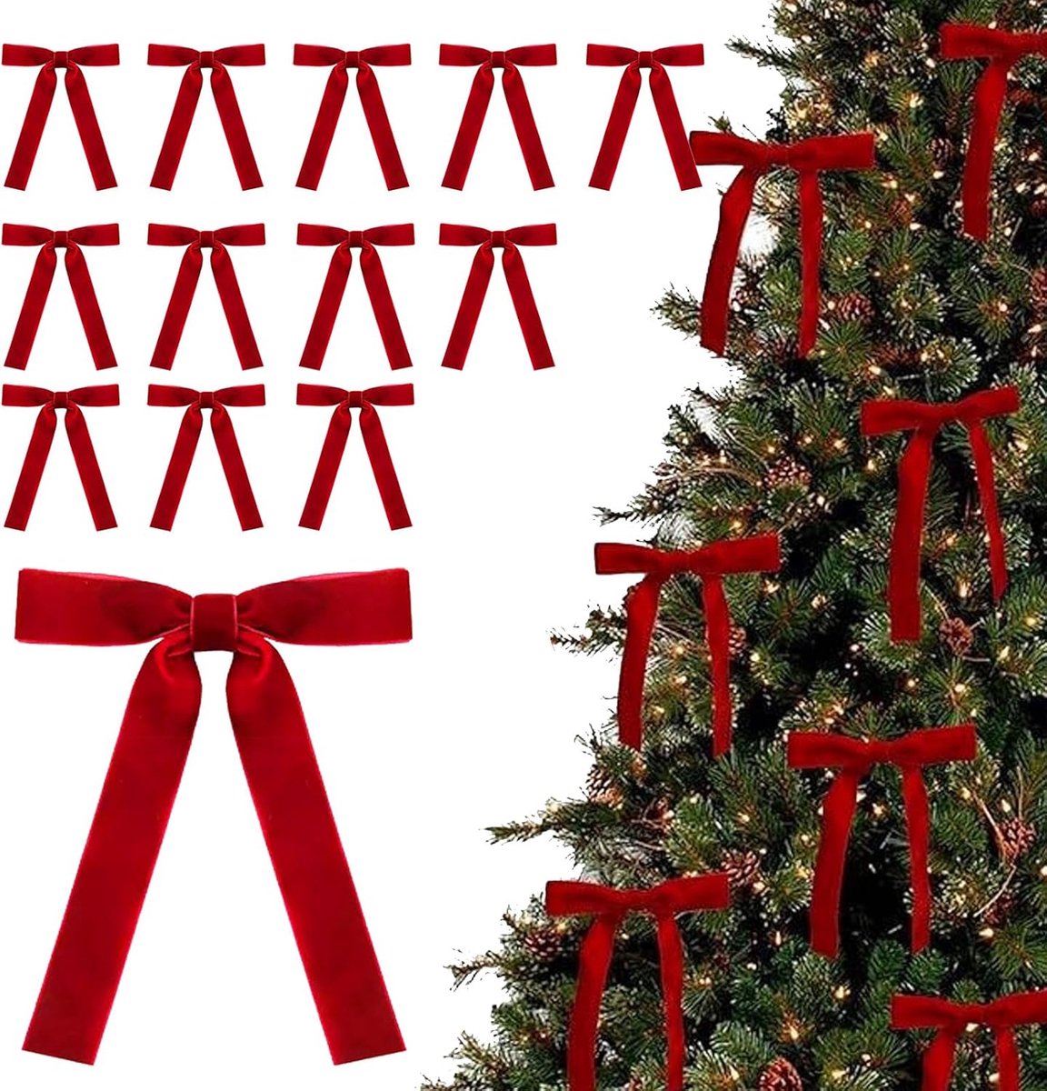 Strikken, kerstboomversiering, kerstboomstrik met draaibanden, klassieke fluwelen strikken voor deurslingers, kransen, geschenken en feestdecoraties, thuisfeestdecoratie