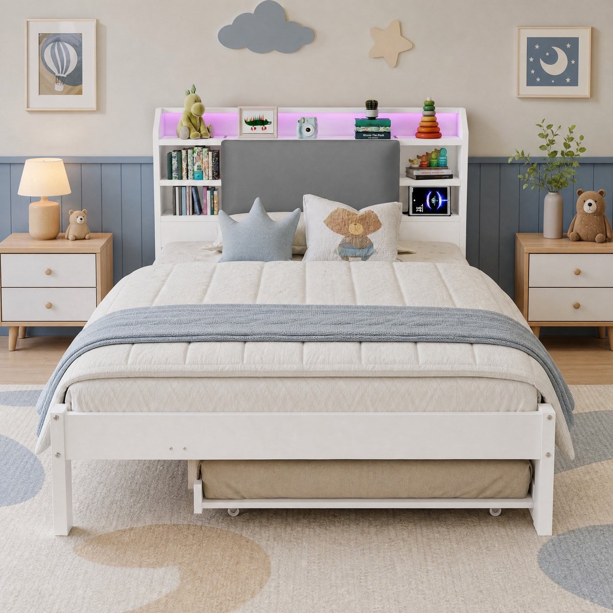 REDOM Bed met uitschuifbed - Hoofdbed en uitschuifbed - Gestoffeerd hoofdbord met opbergvakken - LED-verlichting en laadstation - Hout en MDF - Wit - 217 x 128 x 85 cm