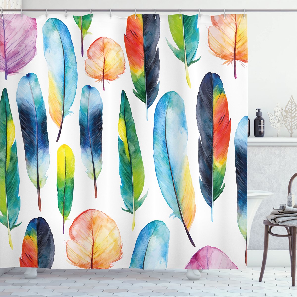 ABAKUHAUS Veren Douchegordijn, Vogels Dieren Themen Kunst, Stoffen Badkamerdecoratieset met Haken, 175 x 220 cm, Meerkleurig