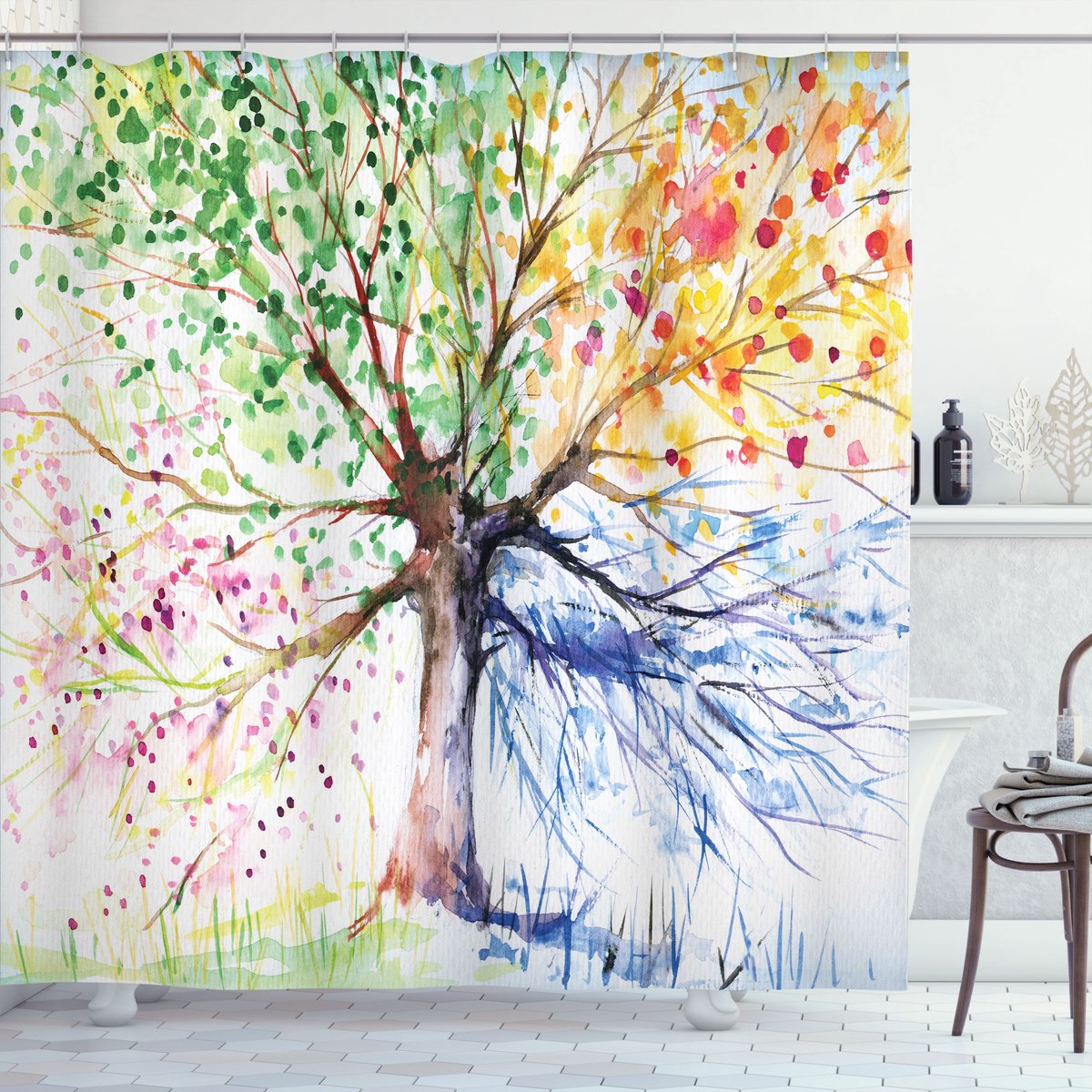 ABAKUHAUS Aquarel Douchegordijn, 4 Jahreszeiten Kleurrijke, Stoffen Badkamerdecoratieset met Haken, 175 x 200 cm, Meerkleurig