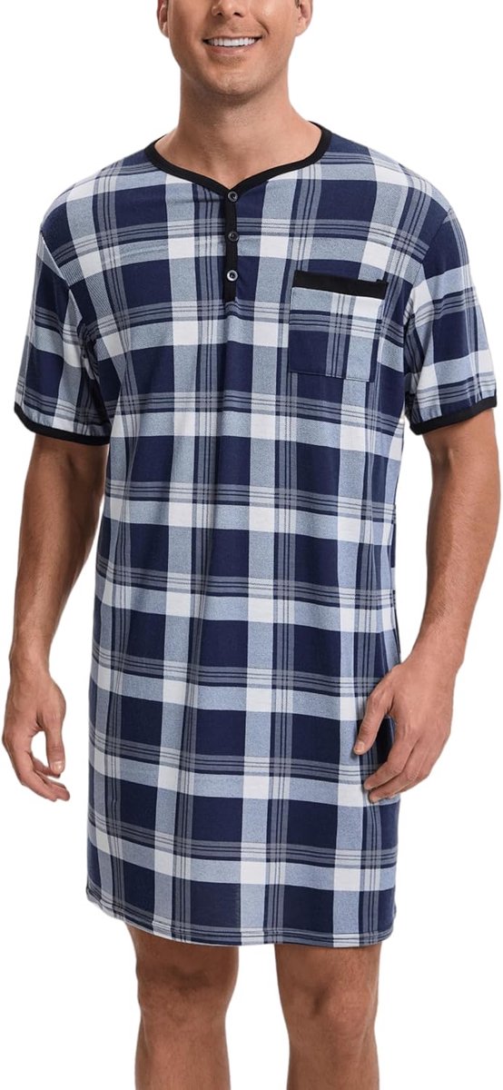 Nachthemd voor heren, katoenen pyjama met lange mouwen, korte mouwen, pyjama-bovenstuk, lang T-shirt, ronde hals met knopen, huiskleding, grote maat, zacht, comfortabel