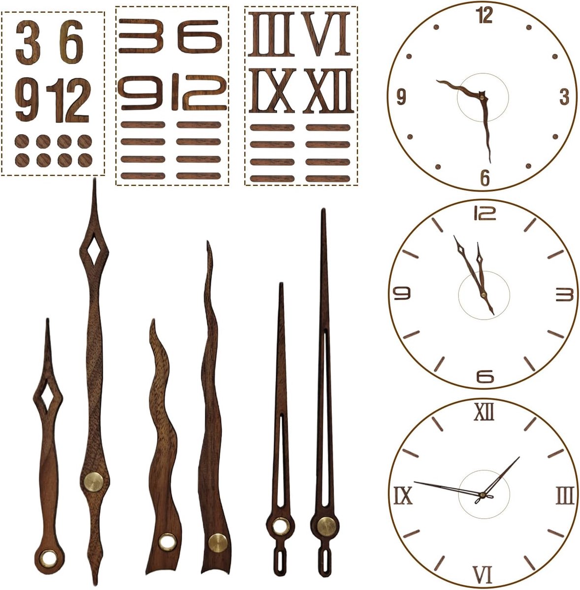 Wandklok Onderdeelset - 3 Sets Klokwijzers - Walnoot - Klokmechanisme - Klokreparatie