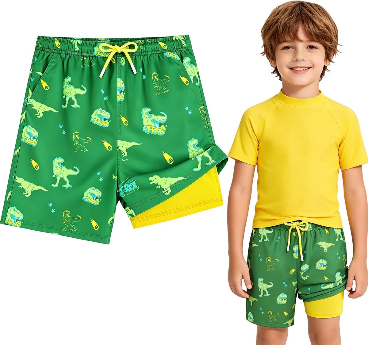 Zwemshorts voor kinderen, sneldrogend, met compressiecoating, 2-in-1 zwembroek voor jongens met zakken, verstelbaar trekkoord, strandshorts voor kinderen, voor zee, zwembad, surfen