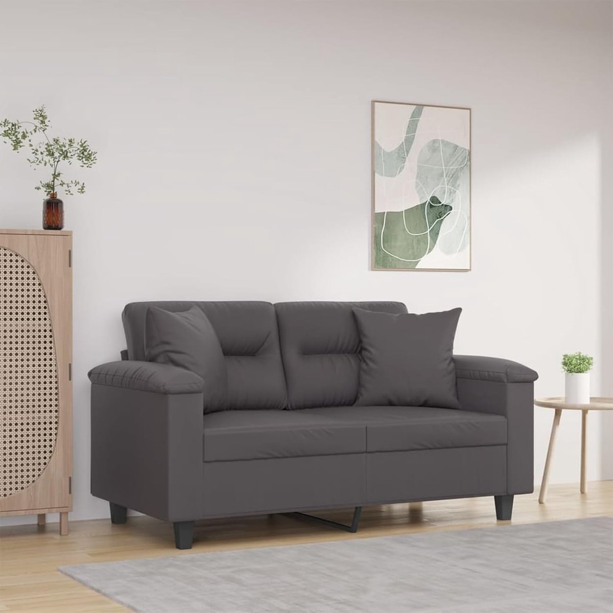 2-zitsbank met sierkussen, grijs, 120 cm, kunstleer, gestoffeerde bank, zitgroep, bank voor woonkamer, appartement, kantoor, logeerkamer, 3200985